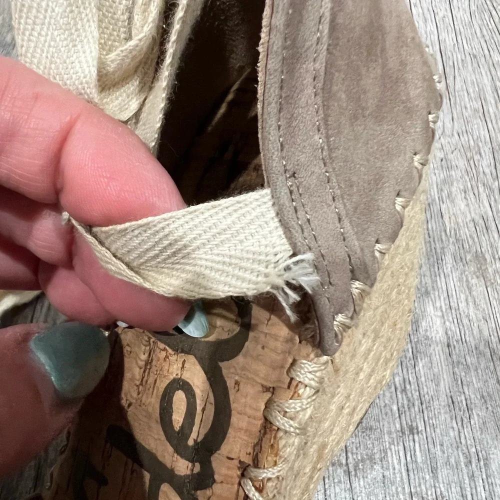 Sam Edelman Taupe Suede Espadrille Wedge with Cream Ribbon Tie